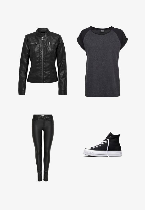 Veste en cuir noire avec col montant, fermeture éclair à l'avant et deux poches zippées sur la poitrine. Caractéristiques : coutures structurées et silhouette ajustée.; T-shirt court noir et gris foncé à manches courtes avec un col rond et des manches raglan. Fabriqué en tissu doux et texturé. Coupe décontractée.; Pantalons en faux cuir noir slim-fit avec bouton avant, fermeture à glissière et passants de ceinture, présentés sur un fond blanc.; Baskets montantes en toile noire avec semelle en caoutchouc blanche et lacets blancs, vues de côté sur un fond blanc.