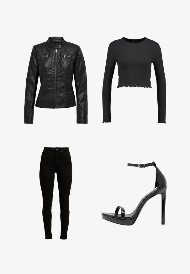 Schwarze Lederjacke mit Stehkragen, Reißverschluss vorne und zwei Brusttaschen mit Reißverschluss. Verfügt über strukturierte Nähte und eine taillierte Silhouette.; Schwarz gerippter Langarm-Crop-Top mit einem runden Halsausschnitt und gewelltem Saum. Hergestellt aus einem dehnbaren Material für einen figurschmeichelnden Look.; Schwarze hochgeschnittene Skinny-Jeans aus Denim mit leichtem Stretch, ausgestattet mit einem Reißverschluss, einem einzelnen Knopfverschluss und einem Fünf-Taschen-Design.; Steve Madden MILANO - High Heel Sandalette - black