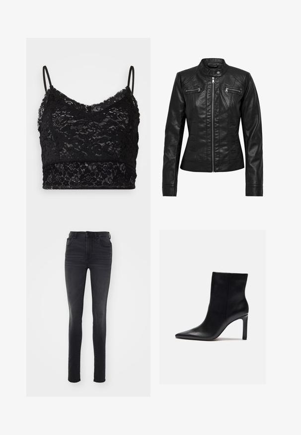 Veste en cuir noire avec col montant, fermeture éclair à l'avant et deux poches zippées sur la poitrine. Caractéristiques : coutures structurées et silhouette ajustée.; Bralette en dentelle noire avec des bretelles spaghetti réglables, un motif de dentelle florale et une bande noire unie en bas.; Jeans noirs slim-fit en denim, avec une taille haute, un design à cinq poches, un léger délavage et une silhouette droite.; Zign Bottines à talons hauts - black