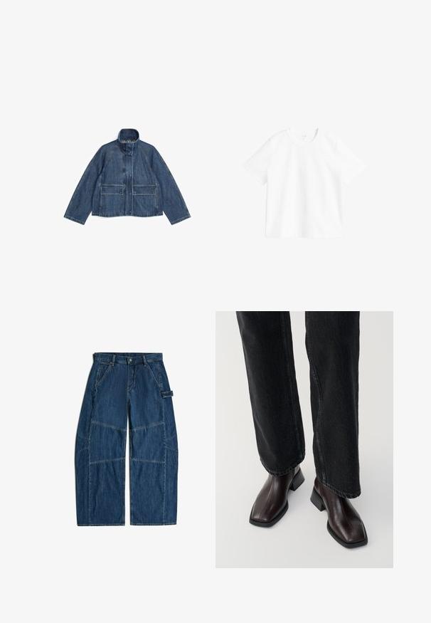 Veste en jean bleue avec col montant, manches longues, fermeture éclair avant cachée par un rabat, et deux poches avant à rabat, posée à plat sur fond blanc.; T-shirt blanc uni à manches courtes et col rond exposé sur un fond blanc, montrant la vue de face et des détails de couture minimaux.; Pantalon en jean bleu foncé à larges jambes avec passants pour ceinture, poches avant et détails de surpiqûres supplémentaires aux genoux et sur les côtés.; Bottines en cuir marron avec un orteil carré et un talon carré, associées à un jeans noir à jambes larges. Texture lisse et design minimaliste.