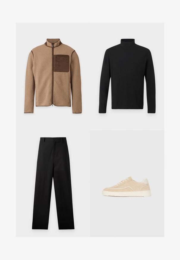Beige fleecejakke med fuld lynlås foran, brun kant og en brun brystlomme med en cirkulær logo.; Sort turtleneck skjorte lavet af glat stof. Har lange ærmer og en høj krave. Enkel design uden yderligere mønstre eller accenter.; Sorte bukser lavet af bomuld med lige ben-design, der har en frontknaplukning og sidelommer. Glat tekstur, ingen mønstre.; Beige ruskinds sneakers med hvid sål og snørebånd, lavtop design og zigzag mønster på sålen.