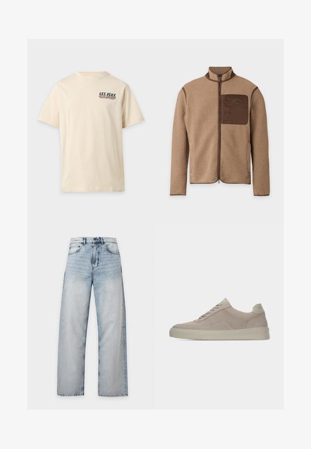 Veste polaire beige avec fermeture éclair frontale complète, passepoil marron et une poche poitrine marron avec un logo circulaire.; T-shirt beige à manches courtes avec col rond et petit texte noir et rouge indiquant "LES DEUX OFFICIAL HOME COURT" sur la partie supérieure gauche de la poitrine.; Jean en denim bleu clair délavé, coupe droite, design classique cinq poches, fermeture par bouton à la taille.; Baskets en daim beige avec une finition texturée, un bout arrondi et des lacets ton sur ton. Elles présentent une semelle en caoutchouc épaisse et un branding discret sur le talon.