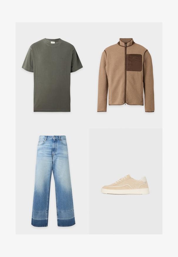 Veste polaire beige avec fermeture éclair frontale complète, passepoil marron et une poche poitrine marron avec un logo circulaire.; T-shirt uni vert olive à manches courtes et col rond avec un logo discret sur la poitrine, présenté sur un fond gris clair.; Jean en denim bleu clair à coupe large avec des détails délavés et des blocs de couleur plus foncés près de l'ourlet, bouton devant et poches visibles.; Baskets en daim beige avec semelle et lacets blancs, design basse, et motif de semelle en zigzag.