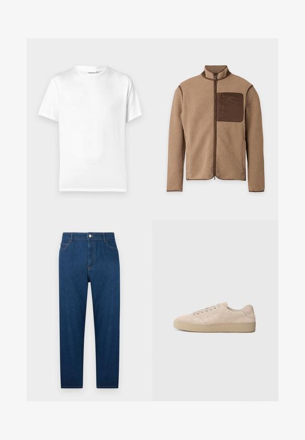 Veste polaire beige avec fermeture éclair frontale complète, passepoil marron et une poche poitrine marron avec un logo circulaire.; T-shirt en coton blanc avec un col rond classique, des manches courtes et un ourlet droit. Texture lisse, sans motifs ni accents.; Jean droit en denim bleu foncé avec bouton et fermeture éclair à l'avant, design à cinq poches et coutures visibles à la taille et sur les poches.; Baskets en daim beige avec un bout rond, des lacets plats et une semelle en caoutchouc texturé. Design minimaliste avec des bords lisses et des coutures discrètes.