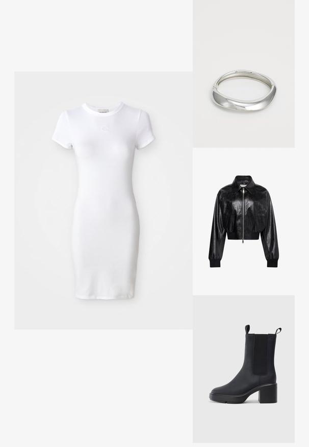 Chaqueta bomber corta negra brillante con cremallera completa en el frente, dos bolsillos laterales, cuello ancho y puños y cintura de punto elástico.; Vestido de algodón blanco con mangas cortas, forma ajustada y escote redondo. Presenta un pequeño logo bordado en el pecho.; Botín negro de tobillo hecho de un material de goma liso, con paneles laterales elásticos, tacón bloque y tiradores en la parte superior para facilitar su uso.; Brazalete de metal plateado con un diseño liso y curvado. El acabado pulido y los bordes redondeados crean una apariencia uniforme.
