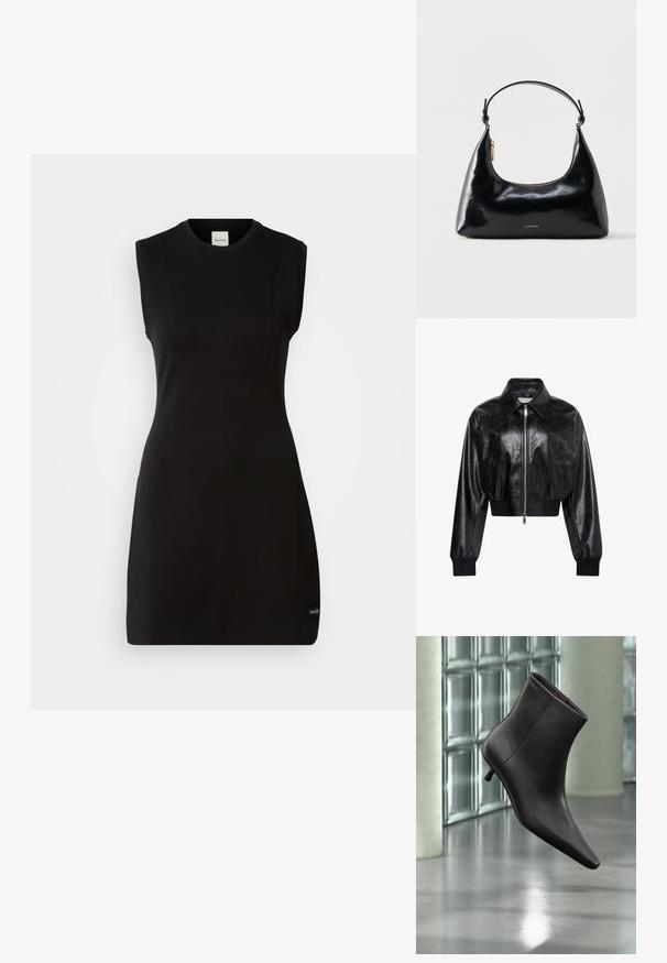 Čierna lesklá krátka bomber bunda s celým predným zipsom, dvoma bočnými vreckami, širokým golierom a rebrovanými manžetami a pásom.; Čierne priliehavé šaty bez rukávov od Calvina Kleina s okrúhlym výstrihom a jemným švom na bielom pozadí.; Čierna kožená členková obuv s ostrou špičkou a nízkym podpätkom, zobrazená na pozadí steny zo sklenených blokov a leštenej podlahy.; Čierna lesklá kabelka Calvin Klein so zlatým zipsom a krátkym remienkom na bielom pozadí.