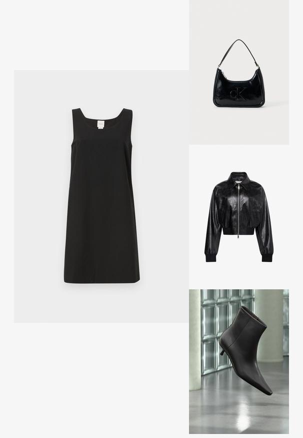 Chaqueta bomber corta negra brillante con cremallera completa en el frente, dos bolsillos laterales, cuello ancho y puños y cintura de punto elástico.; Vestido negro sin mangas con escote cuadrado y corte recto, fabricado en tejido suave. Presenta un diseño minimalista y sin herrajes visibles.; Bota de cuero negro para el tobillo con puntera puntiaguda y tacón pequeño, exhibida frente a una pared de bloques de vidrio y un suelo pulido.; Bolso de mano de piel sintética negra con un asa curvada en la parte superior, cierre de cremallera y logo "cK" en relieve en el frente. Textura suave, forma estructurada.