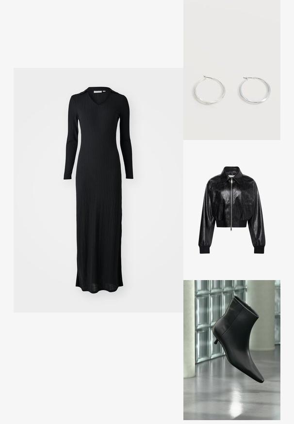 Schwarze glänzende kurze Bomberjacke mit durchgehendem Frontreißverschluss, zwei Seitentaschen, breitem Kragen sowie gerippten Bündchen und Bund.; Schwarzes, geripptes Maxikleid mit langen Ärmeln, V-Ausschnitt und taillierter Silhouette, aus einem weichen, strukturierten Stoff gefertigt.; Schwarzer Leder-Stiefelette mit spitzer Zehenpartie und niedrigem Kitten-Heel, schräg dargestellt vor einem polierten Boden und einer Glasbausteinwand.; Silberne Metallcreolen mit glatter, leicht gebogener Oberfläche und Klappverschluss vor schlicht weißem Hintergrund.