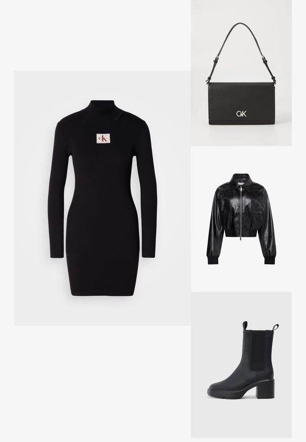 Zwart glanzend cropped bomberjack met volledige voorrits, twee zijzakken, brede kraag en geribde manchetten en tailleband.; Zwarte geribbelde lange jurk met hoge kraag en een rechthoekige Calvin Klein logo patch aan de voorkant. Eenvoudig, aansluitend ontwerp.; Zwarte enkellaars met een gladde rubberen materiaal, elastische zijkanten, blokhak en instaplipjes aan de bovenkant voor makkelijk aan- en uittrekken.; Zwarte leren schoudertas met een gladde textuur, een klepafsluiting en een zilveren logo-accent. Voorzien van een verstelbare schouderband.