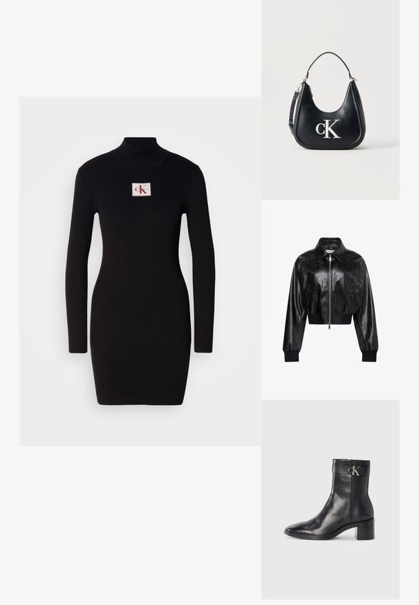 Μαύρο λαμπερό cropped bomber μπουφάν με ολόκληρο μπροστινό φερμουάρ, δύο πλαϊνές τσέπες, φαρδύ γιακά και ριμπ μανσέτες και ζώνη στη μέση.; Μαύρο ριμπ φόρεμα με μακριά μανίκια και ψηλό γιακά, με ένα ορθογώνιο λογότυπο της Calvin Klein μπροστά. Απλός, εφαρμοστός σχεδιασμός.; Μαύρη δερμάτινη μπότες μέχρι τον αστράγαλο με μυτερή μύτη, τετράγωνη φτέρνα και λουρί με μεταλλικό λογότυπο. Λείος υφή και μίνιμαλ σχέδιο.; Μαύρο δερμάτινο τσαντάκι ώμου με ασημένιο λογότυπο "cK", καμπυλωτή σιλουέτα, κοντή λαβή και αποσπώμενο μακρύτερο λουρί σε απλό φόντο.