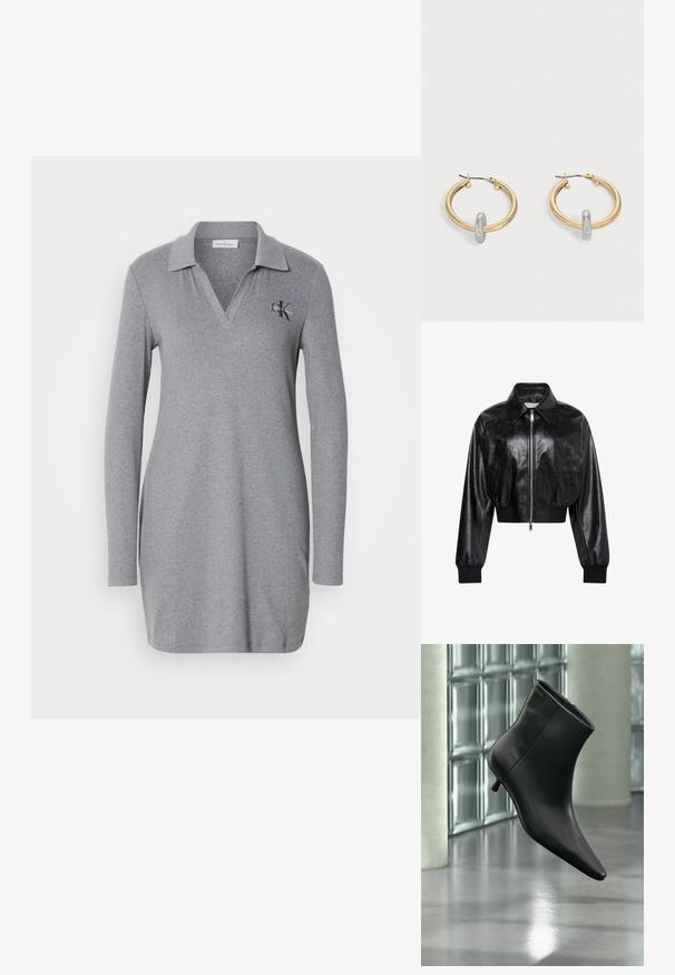 Chaqueta bomber corta negra brillante con cremallera completa en el frente, dos bolsillos laterales, cuello ancho y puños y cintura de punto elástico.; Vestido polo de manga larga gris, hecho de un material suave, con cuello en V y un pequeño logo bordado en el lado izquierdo del pecho.; Botín negro de cuero con punta puntiaguda y tacón bajo estilo kitten, mostrado en ángulo sobre un suelo pulido y con una pared de bloques de vidrio de fondo.; Par de pendientes de aro en tono dorado con pequeño detalle de aro en tono plateado en cada uno, expuestos sobre un fondo gris claro.