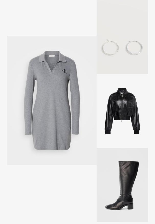 Chaqueta bomber corta negra brillante con cremallera completa en el frente, dos bolsillos laterales, cuello ancho y puños y cintura de punto elástico.; Vestido polo de manga larga gris, hecho de un material suave, con cuello en V y un pequeño logo bordado en el lado izquierdo del pecho.; Bota de cuero negra hasta la rodilla con punta cuadrada, tacón cuadrado y diseño elegante. Textura suave con cremallera lateral para facilitar su uso.; Pendientes de aro de metal plateado con superficie lisa y ligeramente curvada y cierre de tipo mosquetón sobre un fondo blanco liso.