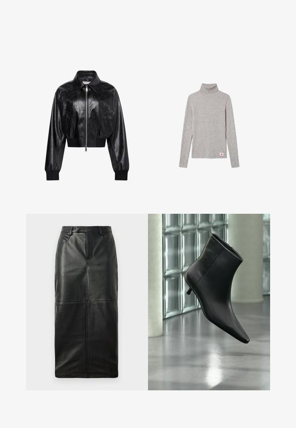 Μαύρο λαμπερό cropped bomber μπουφάν με ολόκληρο μπροστινό φερμουάρ, δύο πλαϊνές τσέπες, φαρδύ γιακά και ριμπ μανσέτες και ζώνη στη μέση.; Ανοιχτό γκρι ριμπ πλεκτό πουλόβερ με μακριά μανίκια και ζιβάγκο, με μικρό κόκκινο και άσπρο λογότυπο CK κοντά στο κάτω στρίφωμα.; Μαύρη δερμάτινη μολυβένια φούστα με υψηλή μέση, κρυφό φερμουάρ και μπροστινές τσέπες, με λεία υφή και λεπτομέρειες ραφής.; Μαύρο δερμάτινο μποτάκι αστραγάλου με μυτερή μύτη και χαμηλό τακούνι τύπου kitten heel, εμφανίζεται σε γωνία μπροστά σε γυαλισμένο πάτωμα και τοίχο από γυάλινους τούβλους.