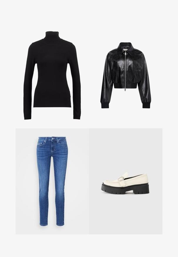 Chaqueta bomber corta negra brillante con cremallera completa en el frente, dos bolsillos laterales, cuello ancho y puños y cintura de punto elástico.; Suéter negro de cuello alto hecho de una tela suave, con mangas largas y una silueta ajustada. Diseño liso sin patrones visibles ni adornos.; Jeans ajustados de mezclilla azul medio, con cinco bolsillos, un botón en la parte delantera y un sutil desgastado a lo largo de los muslos.; Mocasines de piel blanca con suela de plataforma negra gruesa, que cuentan con una hebilla rectangular plateada y detalles de costura visibles en la parte superior.