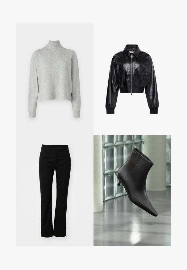 Chaqueta bomber corta negra brillante con cremallera completa en el frente, dos bolsillos laterales, cuello ancho y puños y cintura de punto elástico.; Suéter de cuello alto gris claro, hecho de una suave tela de punto, con mangas largas y dobladillo y puños acanalados. Sin patrones ni detalles metálicos.; Pantalones de algodón negros con un diseño de pierna recta, que presentan un cierre frontal con botón, cinturas para cinturón y dos bolsillos laterales. Textura suave.; Bota de cuero negro para el tobillo con puntera puntiaguda y tacón pequeño, exhibida frente a una pared de bloques de vidrio y un suelo pulido.