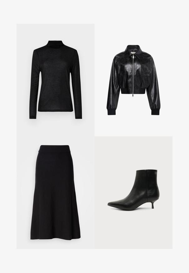 Veste bomber courte noire brillante avec fermeture éclair intégrale à l'avant, deux poches latérales, large col et poignets et ceinture côtelés.; Haut turtleneck noir à manches longues en tissu lisse et léger. Présente un design ajusté avec un col haut et sans motifs.; Jupe évasée en tricot noir avec une large taille, longueur midi, texture lisse et sans motifs ni détails métalliques visibles.; Bottine en cuir noir avec bout pointu et petit talon kitten sur fond clair, vue côté extérieur.