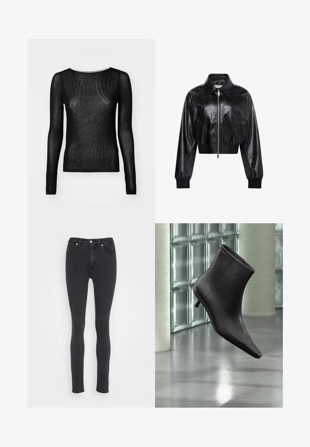Veste bomber courte noire brillante avec fermeture éclair intégrale à l'avant, deux poches latérales, large col et poignets et ceinture côtelés.; Top noir à manches longues en tissu transparent à nervures. Présente un col rond et une coupe ajustée, avec une texture lisse et un minimum de détails.; Jean en denim noir à coupe slim avec fermeture à bouton et zip à l'avant, passants de ceinture et cinq poches.; Bottine en cuir noir avec bout pointu et petit talon, présentée devant un mur en blocs de verre et un sol poli.