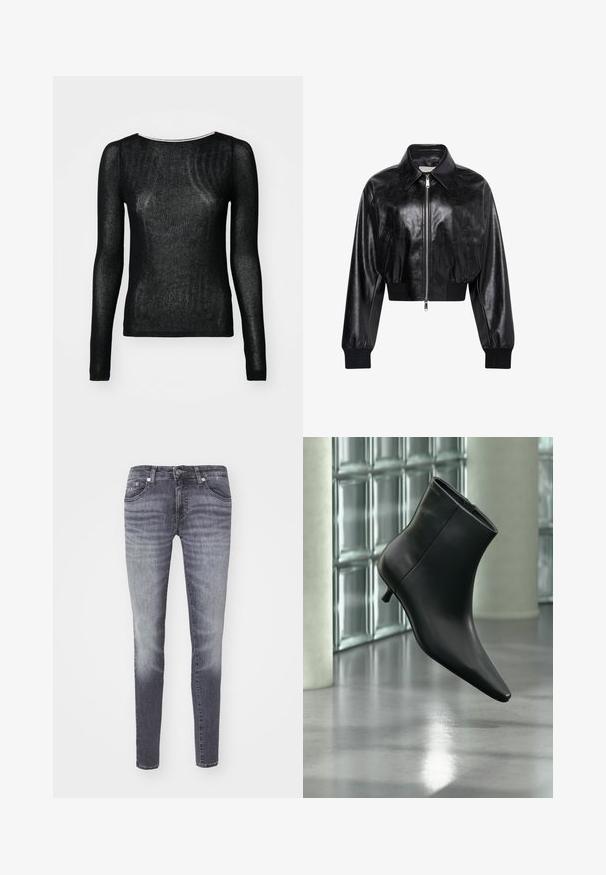 Chaqueta bomber corta negra brillante con cremallera completa en el frente, dos bolsillos laterales, cuello ancho y puños y cintura de punto elástico.; Top negro de manga larga hecho de una tela sheer y con canalé. Presenta un escote redondo y un diseño ajustado, con una textura suave y un minimalismo en los detalles.; Jeans ajustados en denim gris oscuro con un lavado desgastado. Presenta un diseño clásico de cinco bolsillos y cierre de botón metálico en la cintura.; Botín negro de cuero con punta puntiaguda y tacón bajo estilo kitten, mostrado en ángulo sobre un suelo pulido y con una pared de bloques de vidrio de fondo.