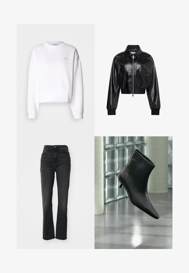 Veste bomber courte noire brillante avec fermeture éclair intégrale à l'avant, deux poches latérales, large col et poignets et ceinture côtelés.; Sweatshirt blanc court, en mélange de coton, col rond, manches longues, poignets côtelés, avec un petit logo Lacoste sur la poitrine.; Jeans en denim noir taille haute avec jambes droites, design à cinq poches, fermeture à bouton à l'avant et détails de couture minimaux.; Bottine en cuir noir à bout pointu et petit talon kitten, présentée en angle devant un sol poli et un mur en blocs de verre.