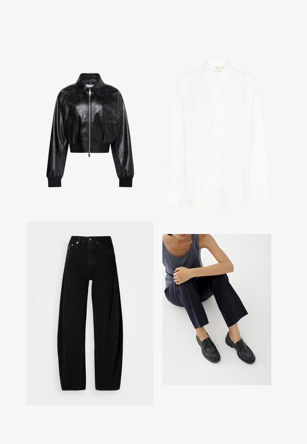 Veste bomber courte noire brillante avec fermeture éclair intégrale à l'avant, deux poches latérales, large col et poignets et ceinture côtelés.; Chemise blanche à manches longues avec col classique et coupe régulière. Fabriquée en tissu lisse, avec huit boutons sur le devant.; Pantalons larges en denim noir à taille haute, avec une fermeture à boutons, cinq poches et des détails de couture minimalistes.; Mocassins en cuir noir avec accents texturés, talon bas, bout arrondi, et coutures visibles. Modèle portant un pantalon sombre et un haut gris.