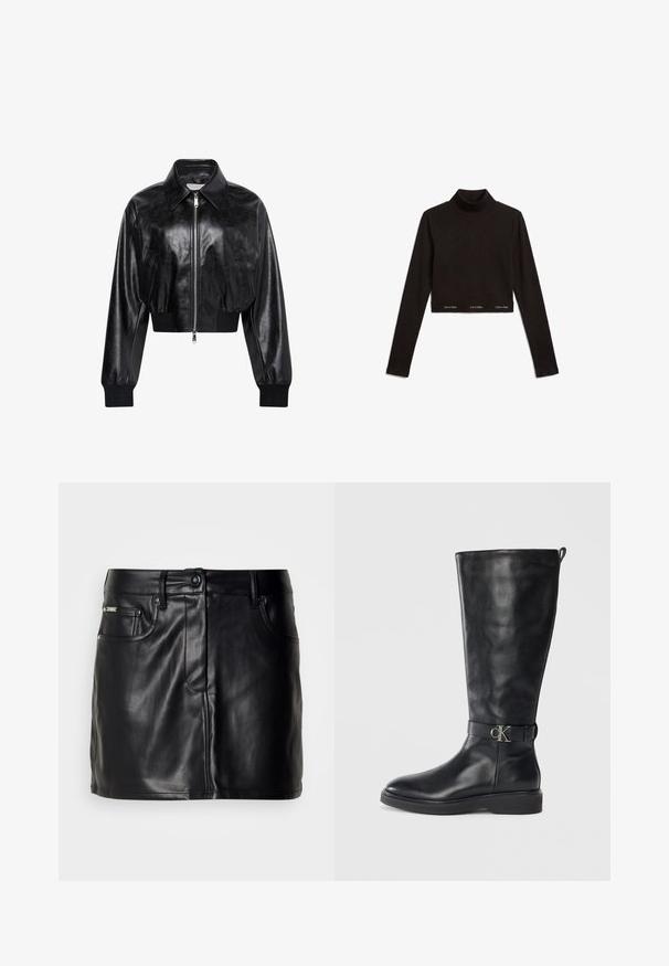 Zwart glanzend cropped bomberjack met volledige voorrits, twee zijzakken, brede kraag en geribde manchetten en tailleband.; Zwart cropped coltruitje met lange mouwen en herhaald "Calvin Klein" logo langs de onderzoom.; Zwarte leren mini-rok met een op maat gemaakt ontwerp, voorzien van zijzakken, een knoopsluiting en een gladde textuur.; Zwarte leren kniehoog laars met lage hak, ronde neus en een metalen "CK" logo gesp rond de enkel.