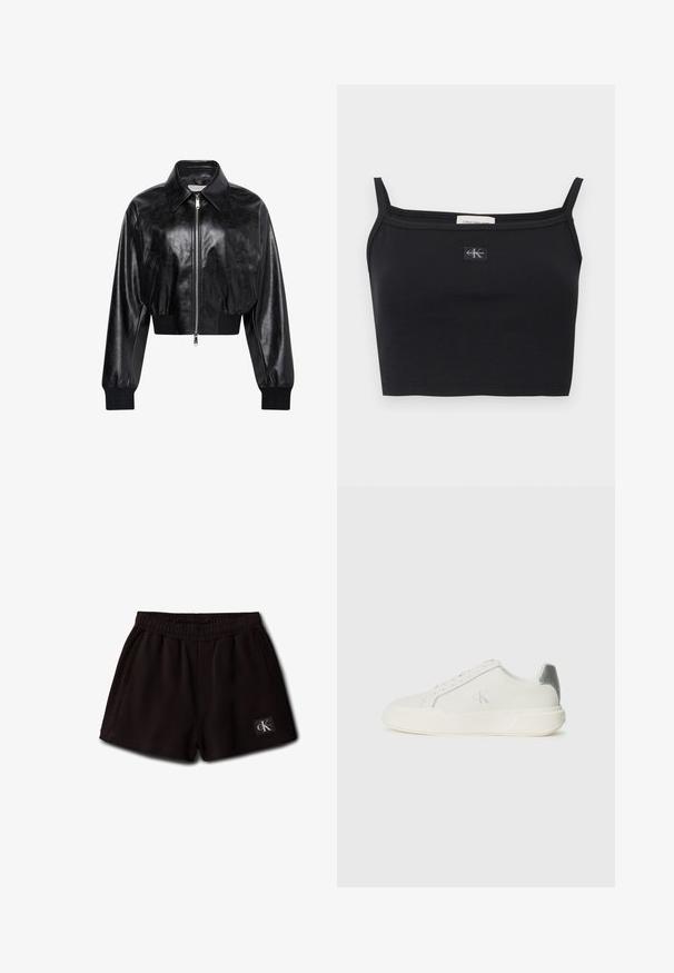 Schwarze glänzende kurze Bomberjacke mit durchgehendem Frontreißverschluss, zwei Seitentaschen, breitem Kragen sowie gerippten Bündchen und Bund.; Schwarzes, geripptes Crop-Top mit dünnen Trägern und einem kleinen Calvin Klein Logo-Patch mittig auf der Brust.; Schwarze elastische Shorts mit Seitentaschen und einem kleinen Calvin Klein Logo-Patch vorne unten links.; Weißer Sneaker aus Leder mit glatter Textur, ausgestattet mit einem silbernen Akzent an der Ferse, flacher Sohle und minimalistischem Design.