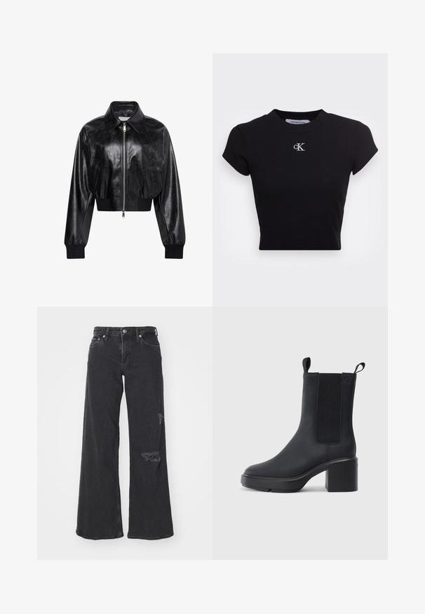 Μαύρο λαμπερό cropped bomber μπουφάν με ολόκληρο μπροστινό φερμουάρ, δύο πλαϊνές τσέπες, φαρδύ γιακά και ριμπ μανσέτες και ζώνη στη μέση.; Μαύρη κοντή μπλούζα από ριχτό ύφασμα, με κοντά μανίκια και στρογγυλή λαιμόκοψη. Λευκό κεντημένο λογότυπο "ck" στο στήθος.; Φαρδιά μαύρα τζιν παντελόνια με φθαρμένες λεπτομέρειες στο κάτω δεξί πόδι. Διαθέτουν κλασικό κλείσιμο με κουμπί και σχέδιο πέντε τσεπών.; Μαύρη μπότα αστραγάλου από λείο ελαστικό υλικό, με ελαστικές πλευρικές πάνελ, τετράγωνη σόλα και χερούλια στην κορυφή για εύκολη εφαρμογή.