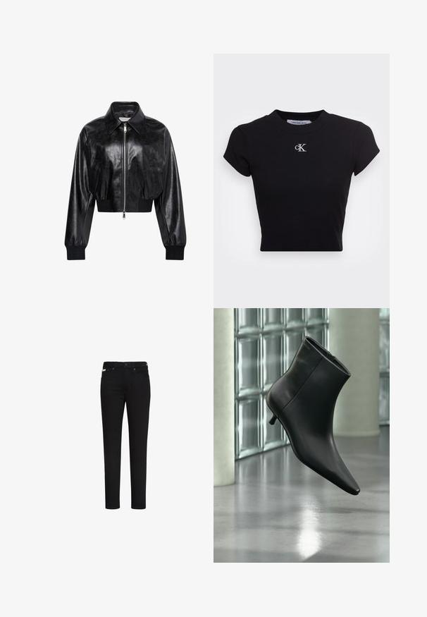 Sort skinnende cropped bomberjakke med fuld frontlynlås, to sidelommer, bred krave samt ribstrikkede ærmegab og taljebånd.; Sort cropped t-shirt lavet af ribbet stof, med korte ærmer og rund halsudskæring. Hvid broderet "ck" logo på brystet.; Sorte slim-fit jeans med knap og lynlås foran, med for- og baglommer samt et lille mærke på den højre forlomme.; Sort læderankelstøvle med spids tå og lav kitten-hæ, vist vinklet mod en poleret gulv- og glasblokvæg.