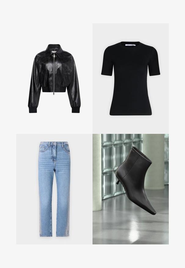 Zwart glanzend cropped bomberjack met volledige voorrits, twee zijzakken, brede kraag en geribde manchetten en tailleband.; Zwart nauwsluitend T-shirt met korte mouwen, een ronde hals en een label aan de binnenkant van de kraag tegen een effen lichte achtergrond.; Lichtblauwe denim jeans met een rechte snit, voorzien van een knoop- en ritssluiting, vijf zakken en een vervaagde textuur op de benen.; Zwarte leren enkellaars met puntige neus en lage hak, afgebeeld tegen een glazen blokkenmuur en gepolijste vloer op de achtergrond.