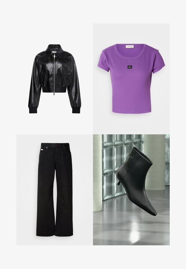 Sort skinnende cropped bomberjakke med fuld frontlynlås, to sidelommer, bred krave samt ribstrikkede ærmegab og taljebånd.; Lilla ribbet kortærmet t-shirt med rund halsudskæring og et lille sort Calvin Klein-logo på brystet. Blød tekstur.; Sorte breddebenede jeans lavet af bomuld. Har forlommer, en knaplukning og en klassisk denimtekstur. Minimalistisk design uden mønstre.; Sort læderankelstøvle med spids tå og lav kitten-hæ, vist vinklet mod en poleret gulv- og glasblokvæg.