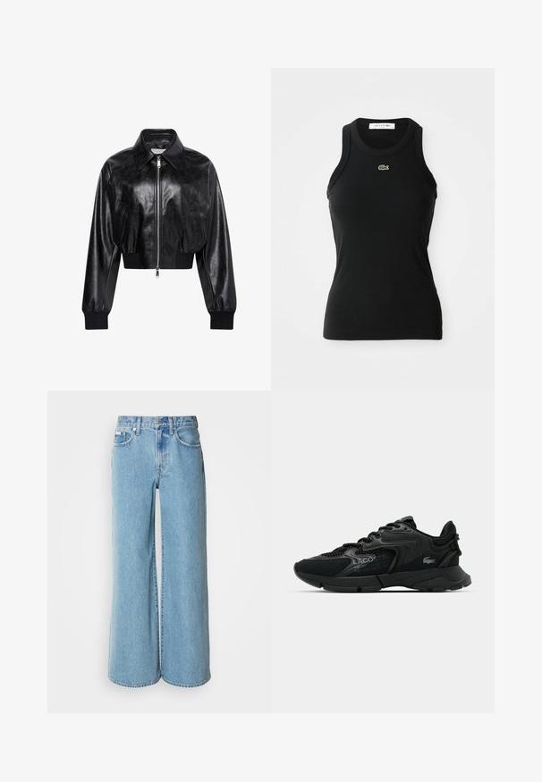 Μαύρο λαμπερό cropped bomber μπουφάν με ολόκληρο μπροστινό φερμουάρ, δύο πλαϊνές τσέπες, φαρδύ γιακά και ριμπ μανσέτες και ζώνη στη μέση.; Μαύρη αμάνικη ριγέ μπλούζα με στρογγυλή λαιμόκοψη και μικρό πράσινο λογότυπο κροκόδειλου Lacoste κεντραρισμένο κάτω από τη λαιμόκοψη.; Ανοιχτό μπλε τζιν παντελόνι με φαρδιά γραμμή, κατασκευασμένο από denιμ, με ψηλή μέση, πέντε τσέπες και ήπια ξεθωριασμένα σημεία στη βαλβίδα.; Μαύρο αθλητικό παπούτσι με δίχτυ και συνθετικά υλικά, υφές στα σχέδια, στυλ με κορδόνια και εξέχουσα λογότυπο στο πλάι.