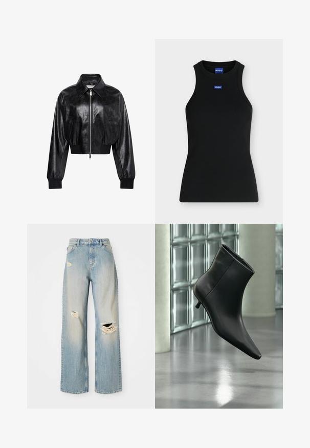 Zwart glanzend cropped bomberjack met volledige voorrits, twee zijzakken, brede kraag en geribde manchetten en tailleband.; Zwarte mouwloze tanktop met ronde hals en klein blauw Hugo-logo op de borst en aan de binnenkant van de kraag.; Lichtblauwe rechte spijkerbroek met hoge taille, riemlussen en versleten scheuren op de linker bovenbeen, rechterknie en onder linkerpijp.; Zwarte leren enkellaars met spits toelopende neus en lage kittenhak, schuin weergegeven tegen een gepolijste vloer en een glazen blokken muur als achtergrond.