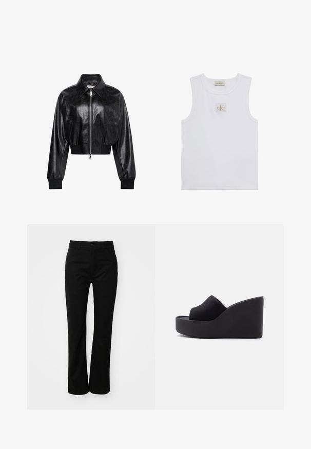 Μαύρο λαμπερό cropped bomber μπουφάν με ολόκληρο μπροστινό φερμουάρ, δύο πλαϊνές τσέπες, φαρδύ γιακά και ριμπ μανσέτες και ζώνη στη μέση.; Άσπρο αμάνικο τοπ με ετικέτα Calvin Klein Jeans στο στήθος και ταμπελάκι κοντά στον λαιμό σε απλό λευκό φόντο.; Μαύρο βαμβακερό παντελόνι με ίσια γραμμή, που διαθέτει κλείσιμο μπροστά με κουμπί, βρόχους ζώνης και δύο πλαϊνές τσέπες. Λείος υφάσμα.; Μαύρο πλατφόρμας σάνδαλο με ψηλό πλατφόρμα και κλειστή μύτη από ύφασμα, με ψηλή, σταθερή σόλα σε απλό ανοιχτό φόντο.