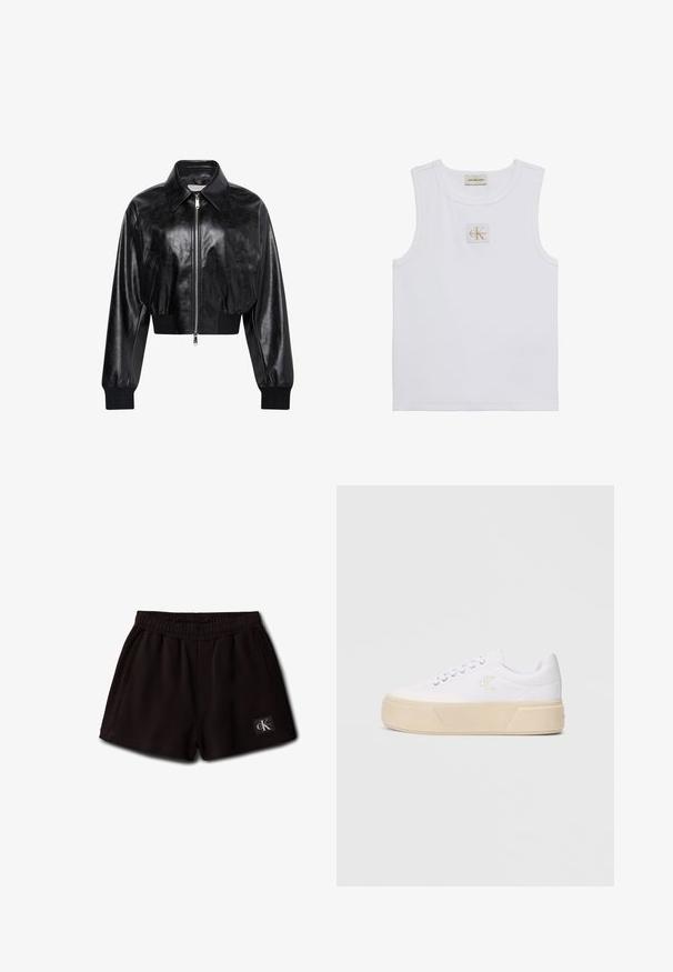 Sort skinnende cropped bomberjakke med fuld frontlynlås, to sidelommer, bred krave samt ribstrikkede ærmegab og taljebånd.; Hvid ærmeløs tanktop med Calvin Klein Jeans-label på brystet og en label nær halsudskæringen på en ensfarvet hvid baggrund.; Sorte elastiske korte shorts med sidelommer og et lille Calvin Klein-logo på den forreste nederste venstre side.; Hvide kanvas sneakers med en kraftig beige platformsål, der har et diskret broderet logo på siden og klassisk snørebåndsdesign.
