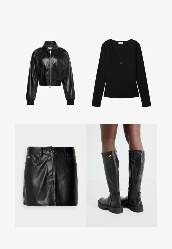Zwart glanzend cropped bomberjack met volledige voorrits, twee zijzakken, brede kraag en geribde manchetten en tailleband.; Zwarte geribde top met lange mouwen, ronde halslijn en klein Calvin Klein-logo patch in het midden van de borst.; Zwarte leren mini-rok met een op maat gemaakt ontwerp, voorzien van zijzakken, een knoopsluiting en een gladde textuur.; Zwarte leren kniehoge laarzen met een gladde textuur, ronde neus, stevige zool en ritssluiting. Voorzien van een zilveren logo aan de zijkant.