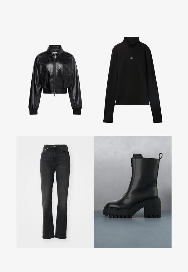 Zwart glanzend cropped bomberjack met volledige voorrits, twee zijzakken, brede kraag en geribde manchetten en tailleband.; Zwarte geribde coltrui met lange mouwen en een klein vierkant Calvin Klein-logo midden op de borst.; Hoge zwarte denim jeans met rechte pijpen, vijf-pocket ontwerp, sluiting met een knoop aan de voorkant en minimale stikseldetails.; Zwarte leren enkelboot met stevige zool, blokhak, rits aan de zijkant en een trekloop achterop op een effen witte achtergrond.