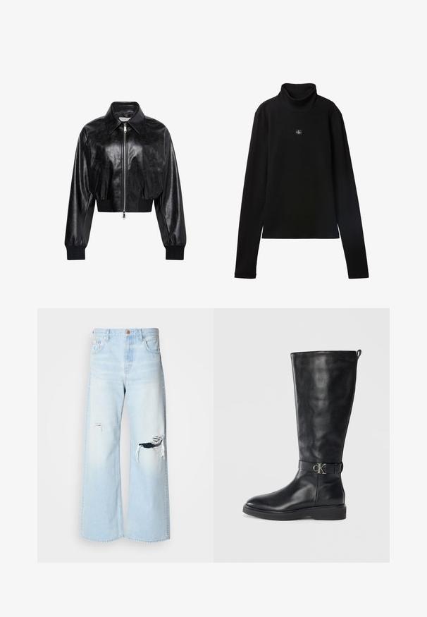 Zwart glanzend cropped bomberjack met volledige voorrits, twee zijzakken, brede kraag en geribde manchetten en tailleband.; Zwarte geribde coltrui met lange mouwen en een klein vierkant Calvin Klein-logo midden op de borst.; Lichtblauwe wijde jeans van denim, met een hoge taille, grote scheuren bij de knieën en een klassieke vijf-pocket stijl met koperen details.; Zwarte leren kniehoog laars met lage hak, ronde neus en een metalen "CK" logo gesp rond de enkel.