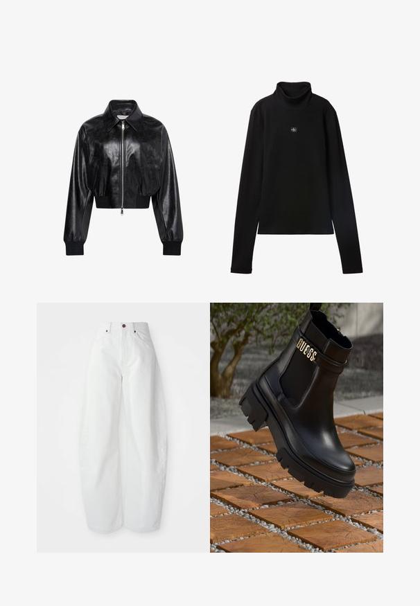 Zwart glanzend cropped bomberjack met volledige voorrits, twee zijzakken, brede kraag en geribde manchetten en tailleband.; Zwarte geribde coltrui met lange mouwen en een klein vierkant Calvin Klein-logo midden op de borst.; Hoge taille witte spijkerbroek met een losse pasvorm. Voorzien van een knoopsluiting, zijzakken en een minimalistisch ontwerp. Glad textuur.; Zwarte leren enkelboot met een chunky rubberen zool, elastische zijpanelen en een gouden accent met "GUESS" branding.