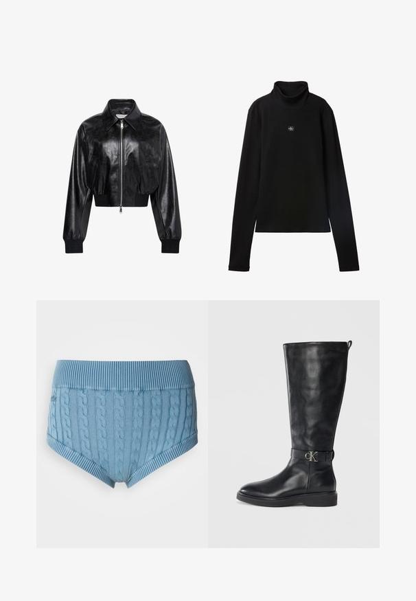 Chaqueta bomber corta negra brillante con cremallera completa en el frente, dos bolsillos laterales, cuello ancho y puños y cintura de punto elástico.; Top negro de cuello alto acanalado de manga larga con un pequeño parche cuadrado con el logo de Calvin Klein centrado en el pecho.; Brevés de algodón azul claro con una cinturilla acanalada y textura de trenzado. La parte delantera y trasera presentan rayas horizontales en los bordes.; Bota de cuero negro hasta la rodilla con tacón bajo, punta redonda y correa con hebilla metálica de logo "CK" alrededor del tobillo.