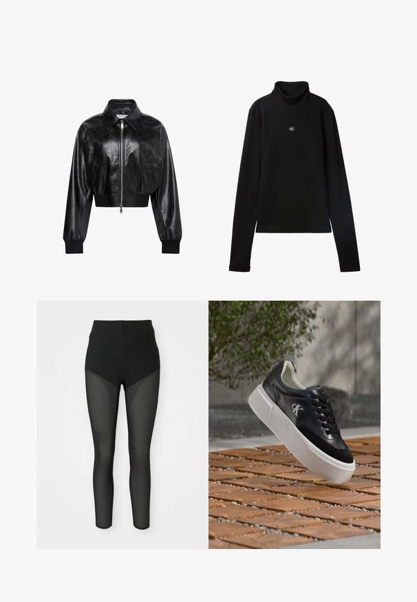Schwarze glänzende kurze Bomberjacke mit durchgehendem Frontreißverschluss, zwei Seitentaschen, breitem Kragen sowie gerippten Bündchen und Bund.; Schwarzes, geripptes Langarm-Top mit Rollkragen und kleinem quadratischem Calvin Klein Logo-Patch zentral auf der Brust.; Schwarze High-Waist-Leggings mit semi-transparenten Mesh-Einsätzen an den Oberschenkeln und Unterschenkeln, nahtloses Design, enganliegende Silhouette.; Schwarzer Ledersneaker mit weißer dicker Sohle und CK-Logo, schwebend über gemusterten Holzfliesen im Freien nahe Grünfläche und Betonwand.