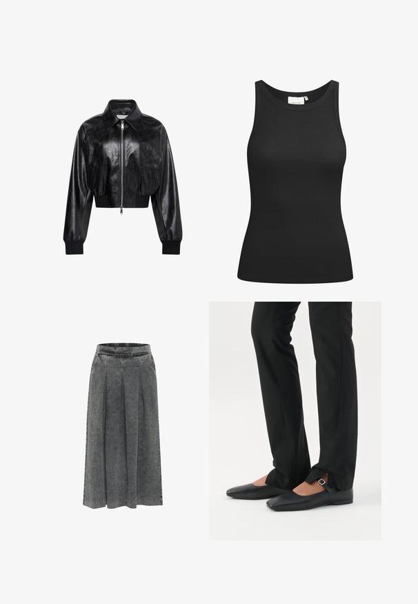 Sort skinnende cropped bomberjakke med fuld frontlynlås, to sidelommer, bred krave samt ribstrikkede ærmegab og taljebånd.; Sort tanktop lavet af ribbet materiale, med en scooped halsudskæring og en tætsiddende form. Flade sømme og ingen udsmykninger. Enkel og strømlinet design.; Grå denimnederdel med plisseringer, elastisk talje, knælang og en tekstureret overflade. Simpelt design uden synlige mønstre eller dekorationer.; Ben iført sorte smalle bukser med forreste slidser ved kanten, parret med sorte flade Mary Jane-sko med lille spænde.