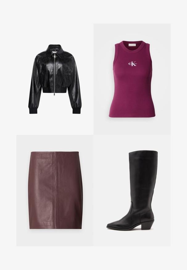 Veste bomber courte noire brillante avec fermeture éclair intégrale à l'avant, deux poches latérales, large col et poignets et ceinture côtelés.; Débardeur moulant côtelé sans manches de couleur violet foncé avec un col rond et le logo blanc "Calvin Klein" sur la poitrine. Tissu doux avec une coupe ajustée.; Jupe crayon en cuir marron foncé avec un devant droit et lisse, accentué par des coutures verticales discrètes au centre.; Botte en cuir noire mi-mollet avec un bout pointu et un talon bas incliné sur un fond clair uni.