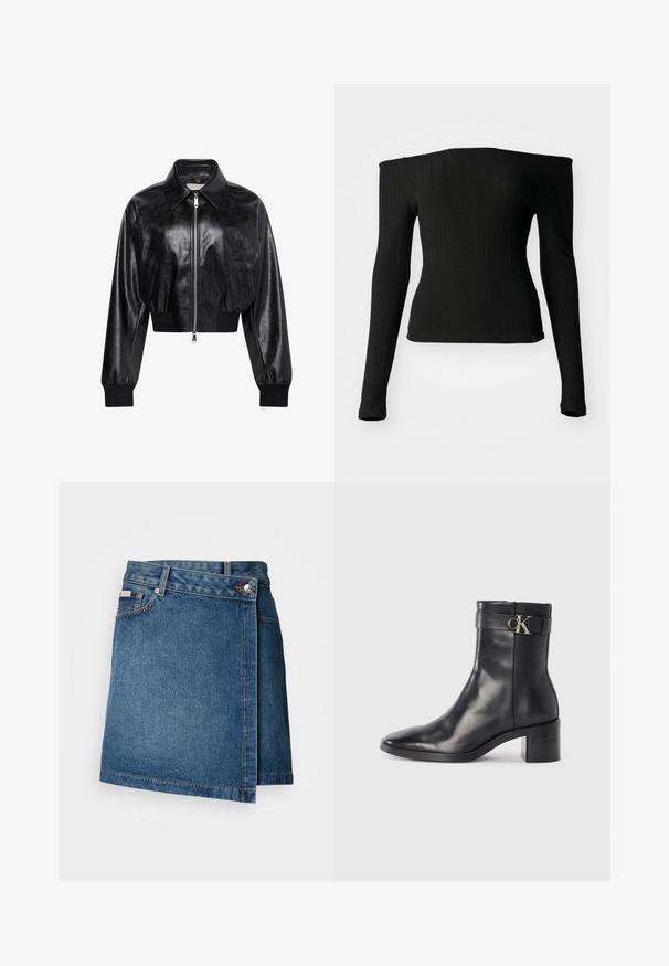 Μαύρο λαμπερό cropped bomber μπουφάν με ολόκληρο μπροστινό φερμουάρ, δύο πλαϊνές τσέπες, φαρδύ γιακά και ριμπ μανσέτες και ζώνη στη μέση.; Μαύρη μπλούζα με μακριά μανίκια φτιαγμένη από ραβδωτό ύφασμα, με λαιμόκοψη off-the-shoulder, εφαρμοστή γραμμή και ίσια ασυμμετρία. Διακριτική ετικέτα μάρκας στο κάτω μέρος.; Jeans φούστα σε μεσαίο μπλε με σχέδιο τύπου ιμάντα, διαθέτει κλείσιμο με κουμπί και φερμουάρ, καθώς και εμφανή ραφή κατά μήκος του στριφώματος.; Μαύρη δερμάτινη μπότες μέχρι τον αστράγαλο με μυτερή μύτη, τετράγωνη φτέρνα και λουρί με μεταλλικό λογότυπο. Λείος υφή και μίνιμαλ σχέδιο.