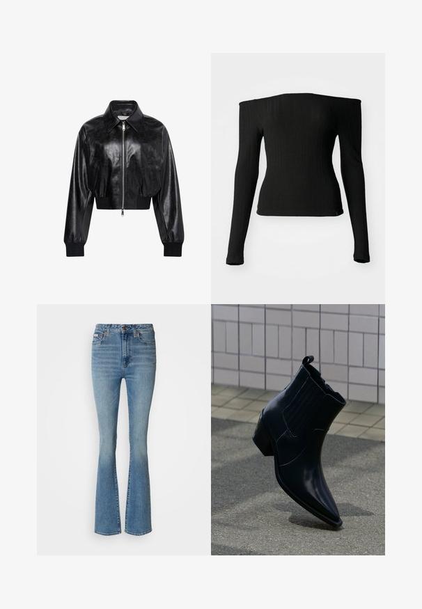 Μαύρο λαμπερό cropped bomber μπουφάν με ολόκληρο μπροστινό φερμουάρ, δύο πλαϊνές τσέπες, φαρδύ γιακά και ριμπ μανσέτες και ζώνη στη μέση.; Μαύρη μπλούζα με μακριά μανίκια φτιαγμένη από ραβδωτό ύφασμα, με λαιμόκοψη off-the-shoulder, εφαρμοστή γραμμή και ίσια ασυμμετρία. Διακριτική ετικέτα μάρκας στο κάτω μέρος.; Απαλά μπλε τζιν με φαρδιά γραμμή, φτιαγμένα από ντένιμ, με ψηλή μέση, ξεθωριασμένο φινίρισμα και ορατές ραφές, με καφέ αξεσουάρ.; Λείο μαύρο δερμάτινο μποτάκι αστραγάλου με χοντρό τακούνι, ελαστικές πλαϊνές επενδύσεις και θηλιά τράβηγματος, τοποθετημένο όρθιο σε υφή πεζοδρομίου κοντά σε πλακάκια τοίχου.