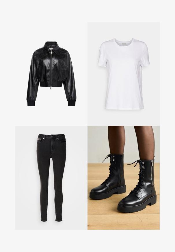 Zwart glanzend cropped bomberjack met volledige voorrits, twee zijzakken, brede kraag en geribde manchetten en tailleband.; Witte korte mouwen t-shirt gemaakt van zachte stof met een ronde hals en een relaxte pasvorm. De zoom is recht en bevat geen patronen of accenten.; Zwarte skinny jeans van denim met een gladde textuur, voorzien van een ontwerp met vijf zakken, riemlussen en metalen knoopsluiting.; Zwarte leren veterschoenen met chunky zolen, zijrits en metalen oogjes. Gladde afwerking met variërende textuur op de schacht.