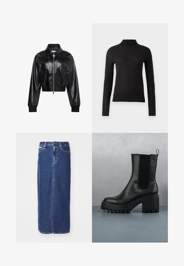 Veste bomber courte noire brillante avec fermeture éclair intégrale à l'avant, deux poches latérales, large col et poignets et ceinture côtelés.; Haut noir à manches longues et col roulé en matériau texturé, avec une coupe ajustée et un design minimaliste sans motifs ni éléments matériels visibles.; Jupe en denim bleu foncé, à mi-longueur, avec une fente avant, une taille traditionnelle et un design à cinq poches avec des coutures contrastées.; Bottines en cuir noir avec bout rond, semelle épaisse, et accents en maille sur les côtés. Comprend une languette à l'arrière pour un enfilage facile.