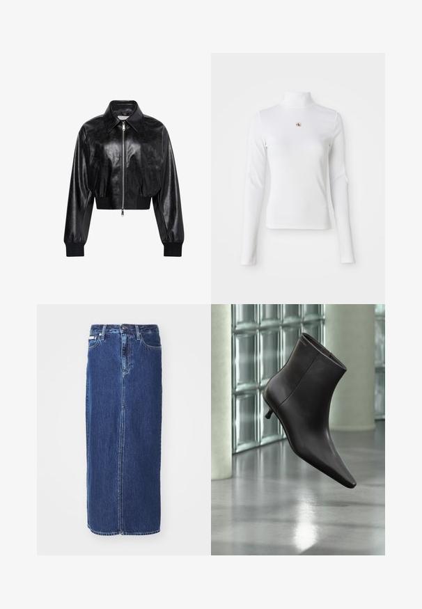 Zwart glanzend cropped bomberjack met volledige voorrits, twee zijzakken, brede kraag en geribde manchetten en tailleband.; Witte turtleneck met lange mouwen, gemaakt van ribbelstof. Bevat een klein geborduurd logo in het midden. Aansluitend ontwerp zonder patronen.; Donkerblauwe denim rok tot op de knie, met een vooruitsnijding, traditionele tailleband en vijf zakken met contrasterende stiksels.; Zwarte leren enkellaars met puntige neus en lage hak, afgebeeld tegen een glazen blokkenmuur en gepolijste vloer op de achtergrond.