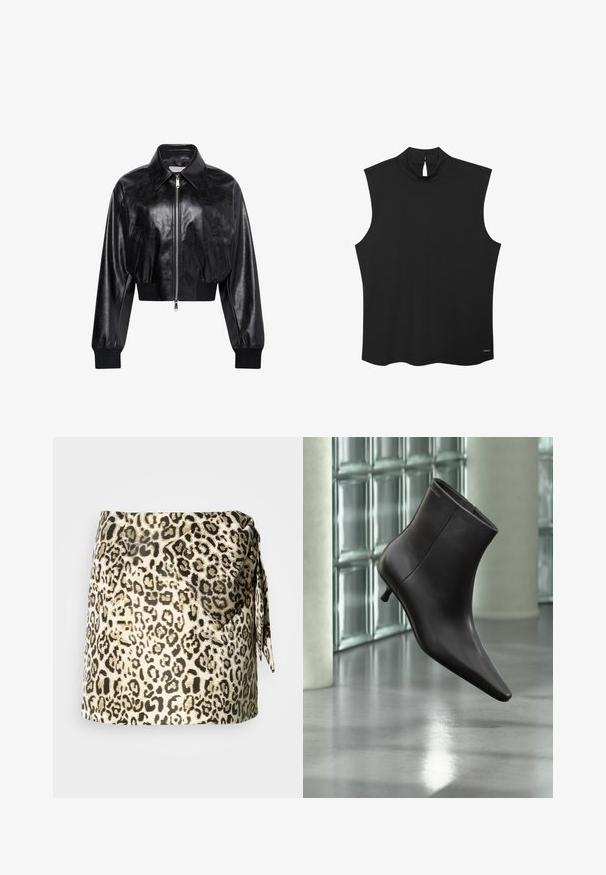 Veste bomber courte noire brillante avec fermeture éclair intégrale à l'avant, deux poches latérales, large col et poignets et ceinture côtelés.; Haut noir sans manches en maille côtelée avec col montant et fermeture boutonnée en forme d'œillet dans le dos, conçu pour femmes.; Jupe portefeuille imprimée léopard en beige et noir, avec un détail noué. Texture douce avec un design drapé et un ourlet au-dessus du milieu de la cuisse.; Bottine en cuir noir avec bout pointu et petit talon, présentée devant un mur en blocs de verre et un sol poli.