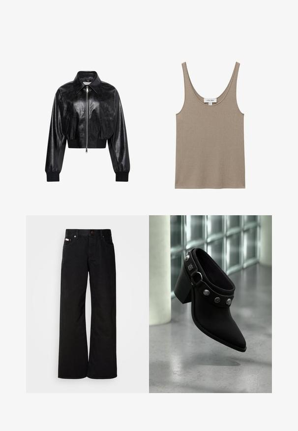 Veste bomber courte noire brillante avec fermeture éclair intégrale à l'avant, deux poches latérales, large col et poignets et ceinture côtelés.; Top débardeur en maille côtelée beige avec larges bretelles et encolure arrondie, posé à plat sur fond blanc.; Jean large noir en coton. Présente des poches avant, une fermeture à bouton, et une texture denim classique. Design minimaliste sans motifs.; Mule noire à bout pointu avec talon épais et clous argentés en forme de toile d'araignée et de crâne sur un sol gris lisse près de blocs de verre.