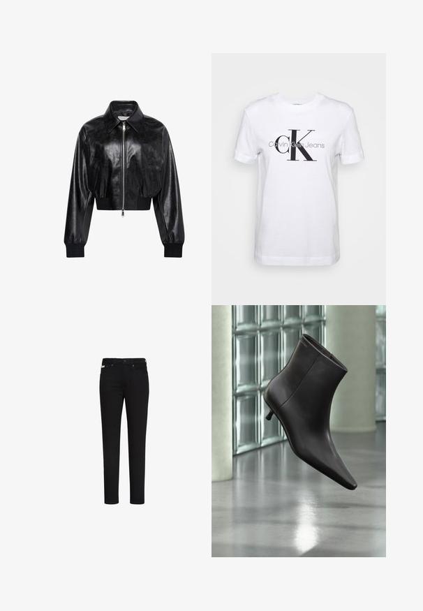 Chaqueta bomber corta negra brillante con cremallera completa en el frente, dos bolsillos laterales, cuello ancho y puños y cintura de punto elástico.; Camiseta blanca de algodón con mangas cortas, que presenta un gran logotipo negro "CK" y el texto "Calvin Klein Jeans" en gris debajo.; Vaqueros negros de corte ajustado con botón y cremallera delanteros, con bolsillos delanteros y traseros y una pequeña etiqueta en el bolsillo delantero derecho.; Bota de cuero negro para el tobillo con puntera puntiaguda y tacón pequeño, exhibida frente a una pared de bloques de vidrio y un suelo pulido.